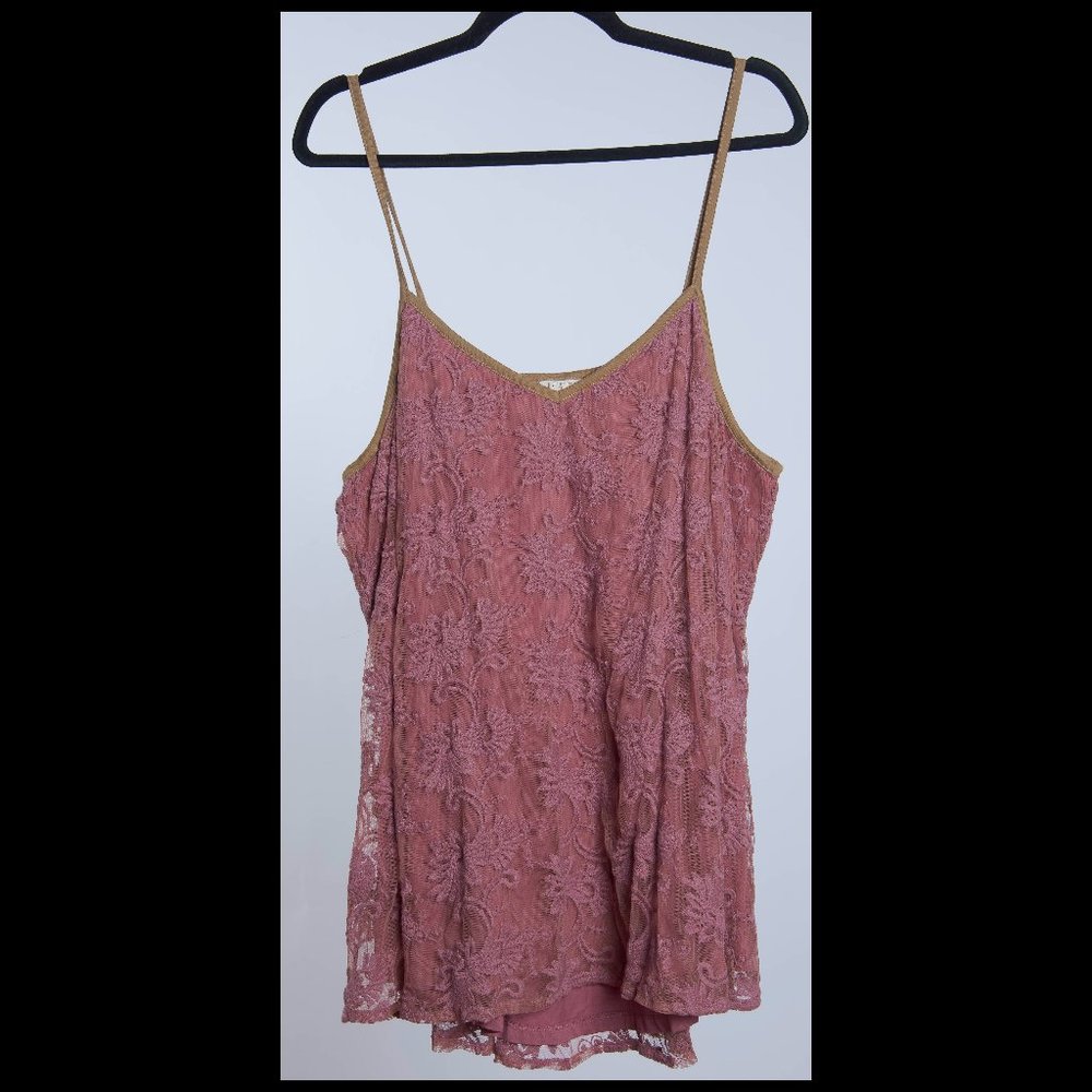 Logo Lavish Womens Pink/Brown Embroidered Spaghetti Strap Sleeveless Top XL EUC
